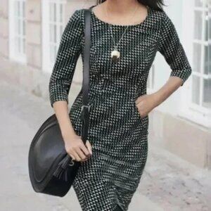 Boden Knee Length Sheath Pencil Dress Green Black Corduroy 3/4 Sleeve Retro Sz 4